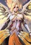  1girl armor artist_name blonde_hair bodysuit boobplate breastplate breasts cloud cloudy_sky english_text faulds gloves gorget halo headgear looking_at_viewer mechanical_halo mechanical_wings medium_breasts mercy_(overwatch) nose overwatch parted_lips patreon_logo pelvic_curtain photoshop_(medium) ponytail short_hair sky solo spread_wings white_bodysuit wings yiqiang 