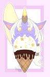  2023 banana dessert female food fruit hair hi_res horn humanoid_pointy_ears ice_cream league_of_legends long_hair moon plant purple_body purple_skin riot_games simple_background solo soraka star waffle_cone white_hair xyrmu yellow_eyes 