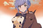  1girl ahonoko black_eyes black_shirt blush braid breasts brown_eyes cloud crown_braid fire_emblem fire_emblem:_three_houses frown garreg_mach_monastery_uniform hair_behind_ear highres horse impossible_clothes looking_at_viewer marianne_von_edmund medium_breasts orange_sky petting shirt sky solo upper_body 