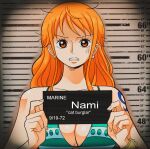  1girl bangle barbie_mugshot_(meme) bikini bikini_top_only bracelet breasts chandllucky character_name cleavage earrings green_bikini height_chart height_mark highres holding holding_sign jewelry large_breasts long_hair looking_at_viewer meme mugshot nami_(one_piece) one_piece orange_eyes orange_hair prison prisoner shoulder_tattoo sign swimsuit tattoo upper_body 