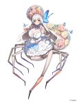  1girl absurdres aku_no_onna_kanbu:_perigee_new_moon arachne arrow_(tamawo222) arthropod_girl bare_shoulders blue_bow blue_bowtie blue_butterfly blue_flower bow bowtie breasts brown_eyes bug butterfly butterfly_hair_ornament character_request cleavage cup dress flower frilled_dress frilled_sleeves frills hair_ornament hat highres holding holding_cup holding_saucer large_breasts long_hair monster_girl official_art pink_flower saucer see-through solo spider_girl spider_web_pattern taur teacup twintails white_dress white_flower white_sleeves yellow_flower 