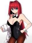 1girl absurdres alternate_costume aozaki_aoko black_bow black_bowtie black_leotard blue_eyes bow bowtie breasts commentary_request cowboy_shot detached_collar embarrassed hair_intakes hand_on_own_hip highres leotard long_hair looking_at_viewer mahou_tsukai_no_yoru maz_515 medium_breasts pantyhose playboy_bunny red_hair solo strapless strapless_leotard textless_version wrist_cuffs 