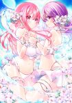  2girls absurdres aether_(genshin_impact) bikini highres holding_hands marker_(medium) multiple_girls purple_hair red_hair sky sora_(arknights) splashing summer swimsuit tenteko0214 traditional_media yuri 