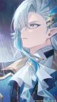  1boy ascot asymmetrical_bangs blue_coat blue_eyes blue_eyeshadow coat coyucom eyeshadow genshin_impact grey_hair hair_over_one_eye highres long_hair makeup multicolored_hair neuvillette_(genshin_impact) parted_lips pixiv_id rain solo streaked_hair twitter_username upper_body white_ascot 