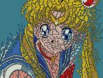  1girl bishoujo_senshi_sailor_moon blonde_hair blue_background blue_eyes blue_sailor_collar choker disintegration hair_over_shoulder heart heart_choker long_hair meme mirai_mizue parted_bangs parted_lips red_choker sailor_collar sailor_moon sailor_moon_redraw_challenge_(meme) sailor_senshi_uniform simple_background solo tsukino_usagi twintails upper_body 