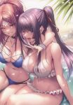  2girls absurdres bikini blush breasts brown_eyes brown_hair cleavage day fingernails frilled_bikini frills hair_ornament hanikami_kanojo high_ponytail highres jewelry long_hair looking_at_viewer medium_breasts multiple_girls myouga_satsuki navel necklace one_eye_closed open_mouth outdoors parted_lips piromizu ponytail purple_eyes purple_hair scan shizuki_neru simple_background sitting smile stomach swimsuit teeth thighs water_drop wet x_hair_ornament 
