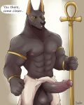 2023 abs ankh anthro anubian_jackal anubis armband balls barazoku biceps big_balls big_muscles big_penis black_sclera bodily_fluids bottomwear bottomwear_aside canid canine canis claws clothed clothing clothing_aside deity demanding dialogue dripping egyptian_mythology english_text erection foreskin genital_fluids genitals gold_(metal) gold_markings grey_background hi_res huge_balls huge_muscles huge_penis humanoid_genitalia humanoid_penis jackal kopyorh loincloth loincloth_aside long_penis looking_at_viewer male mammal markings middle_eastern_mythology muscular muscular_anthro muscular_male mythology navel nipples obliques pecs penis precum precum_drip precum_string presenting presenting_penis saggy_balls signature simple_background solo staff standing talking_to_viewer text thick_penis topless topless_anthro topless_male vein wristband yellow_eyes 