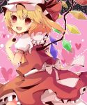  1girl :d ascot back_bow blonde_hair bloomers blush bow breasts commentary_request crystal dot_nose eyelashes fang finger_to_mouth fingernails flandre_scarlet frilled_shirt_collar frilled_skirt frills hat hat_ribbon heart highres looking_at_viewer mob_cap multicolored_wings one_side_up open_mouth petticoat pink_background puffy_short_sleeves puffy_sleeves red_eyes red_ribbon red_skirt red_vest ribbon ruhika shirt short_hair short_hair_with_long_locks short_sleeves side_ponytail skirt small_breasts smile solo split_mouth standing touhou underwear upper_body vest white_bow white_headwear white_shirt wings wrist_cuffs yellow_ascot 