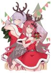  2girls absurdres baobhan_sith_(fate) belt black_bow blue_eyes bow box braid breasts capelet christmas christmas_tree cleavage dress fake_antlers fate/grand_order fate_(series) french_braid fur-trimmed_dress fur_trim gift gift_box grey_eyes grey_hair hair_bow hairband highres large_breasts long_hair looking_at_viewer looking_back medium_breasts morgan_le_fay_(fate) multiple_girls open_mouth pink_hair pointy_ears ponytail red_capelet red_dress sack santa_dress sidelocks smile solo_focus thighs tiara ura_illust very_long_hair 