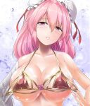  1girl bandaged_arm bandages bikini bikini_pull blush breasts bun_cover cleavage clothes_pull collarbone commentary double_bun flower hair_between_eyes hair_bun hat ibaraki_kasen large_breasts looking_at_viewer medium_hair mob_cap open_mouth pink_eyes pink_flower pink_hair pulled_by_self red_bikini short_hair solo swimsuit touhou y2 