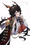  1boy adjusting_bowtie ahoge animal_ears arknights black_bow black_bowtie black_coat black_hair bow bowtie buttons character_name closed_mouth coat double-parted_bangs ebenholz_(arknights) ebenholz_(eine_variation)_(arknights) epaulettes goat_boy goat_ears goat_horns hair_between_eyes highres horns long_hair long_sleeves looking_at_viewer male_focus purple_eyes shirt short_hair simple_background solo sqbillfish twitter_username upper_body very_long_hair white_background white_shirt 