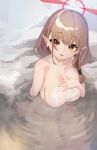  1girl absurdres blue_archive blush breasts brown_eyes chinatsu_(blue_archive) chinatsu_(hot_spring)_(blue_archive) cleavage halo highres large_breasts light_brown_hair long_hair naked_towel onsen open_mouth partially_submerged pointy_ears red_halo smile solo towel u-st_(uweiter) water white_towel 