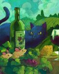  animal bottle cat cheese cloud cloudy_sky cup drinking_glass food grape_vine grass highres john_ramsey leaf mouse no_humans original outdoors sky tree wine_bottle wine_glass 
