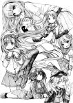 6+girls anchor_hair_ornament bell breasts de_ruyter_(kancolle) elbow_gloves enemy_lifebuoy_(kancolle) failure_penguin freckles gloves greyscale hair_ornament hairband hat highres jacket kantai_collection long_hair long_sleeves lying matsuwa_(kancolle) medium_breasts mikura_(kancolle) miss_cloud monochrome multiple_girls neck_bell neckerchief on_stomach open_mouth peaked_cap pleated_skirt prinz_eugen_(kancolle) sailor_collar samidare_(kancolle) school_uniform serafuku simple_background skirt smile takao_(kancolle) tsuji_kazuho twintails very_long_hair 