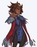  1girl black_pantyhose brown_eyes brown_hair cape dark-skinned_female dark_skin estyy freckles highres league_of_legends long_sleeves own_hands_together pantyhose red_cape solo standing taliyah thick_eyebrows 