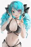  1girl absurdres bare_shoulders bikini black_bow bow breasts collarbone cowboy_shot double_v drill_hair green_hair gwen_(league_of_legends) hair_bow hair_ornament highres league_of_legends long_hair looking_at_viewer navel smile solo striped striped_bikini swimsuit teeth twin_drills twintails v x_hair_ornament yonchan 