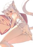  1girl animal_ear_fluff animal_ears blush cat_ears cat_girl cat_tail dress feet_out_of_frame highres long_hair looking_at_viewer lying on_side original panties pillow red_eyes shiro_youduki sleeveless sleeveless_dress slit_pupils solo tail underwear white_background white_hair white_panties white_tail 