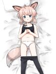  1girl ahoge animal_ears arknights black_choker black_pantyhose black_tank_top blue_eyes blush cameltoe choker clothes_pull clothes_removed fox fox_ears fox_girl fox_tail from_above grey_hair highres infection_monitor_(arknights) kamihine looking_at_viewer lying navel on_back on_bed oripathy_lesion_(arknights) own_hands_together panties pantyhose pantyhose_pull pillow short_hair solo sussurro_(arknights) tail tank_top underwear white_panties 