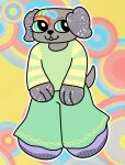 absurd_res ambiguous_gender anthro anthrofied big_feet blue_eyes bottomwear canid canine canis clothed clothing dalmatian domestic_dog facial_markings feet floppy_ears footwear fully_clothed fur green_eyes grey_body grey_fur handpaw hasbro head_markings hi_res littlest_pet_shop lps_2344 mammal markings pants paws perfectoranges shirt shoes smile solo sparkles tail toony topwear 