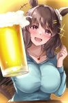  1girl :d alcohol animal_ears beer beer_mug blue_shirt blush breasts brown_hair collarbone cup drunk ear_ornament hair_ornament hairclip highres holding holding_cup horse_ears horse_girl jewelry large_breasts light_hello_(umamusume) long_hair long_sleeves looking_at_viewer mug necklace purple_eyes sg_(esujii) shirt smile solo umamusume upper_body wavy_hair 