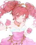 1girl :o bare_shoulders clenched_hand crown dorannnn dress drill_hair earrings fine_(futagohime) fushigiboshi_no_futago_hime gloves highres jewelry long_hair looking_at_viewer necklace one_eye_closed pink_dress pink_eyes pink_gloves pink_hair simple_background solo white_background 
