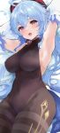  1girl absurdres ahoge armpits arms_behind_head arms_up bare_shoulders black_leotard blue_hair blush bodystocking breasts covered_navel detached_sleeves dx_(xxer4838) ganyu_(genshin_impact) genshin_impact hair_between_eyes highleg highleg_leotard highres horns leotard long_hair looking_at_viewer medium_breasts open_mouth pantyhose purple_eyes solo thighs very_long_hair white_sleeves 