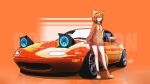  1girl absurdres animal_ear_fluff animal_ears blush bottomless breasts car commission drawstring fox_ears fox_girl fox_tail highres hood hood_up hoodie looking_at_viewer mazda mazda_mx-5 mazda_mx-5_na medium_breasts mizzterbii motor_vehicle orange_background orange_footwear orange_hair orange_hoodie senko_(sewayaki_kitsune_no_senko-san) sewayaki_kitsune_no_senko-san shoes signature smile sneakers solo sports_car tail vehicle_focus watermark 