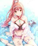  1girl blush breasts cleavage glimmer_(xenoblade) hair_ornament highres large_breasts long_hair looking_at_viewer navel ponytail red_hair sitting_on_water swimsuit ui_frara xenoblade_chronicles_(series) xenoblade_chronicles_3 yellow_eyes 
