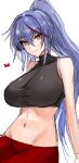  1girl akafuyu_(arknights) arknights black_shirt blue_hair breasts commentary_request covered_collarbone crab crop_top crossed_bangs groin hair_between_eyes halterneck highres horn/wood large_breasts long_hair looking_at_viewer messy_hair midriff mole mole_under_mouth multicolored_hair navel orange_eyes pants ponytail red_pants shirt solo stomach streaked_hair turtleneck upper_body very_long_hair white_background 