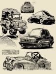 ... alfa_romeo alfa_romeo_giulia bmw bmw_m5 brown_background car chibi convertible dust english_commentary highres land_rover mercedes-benz mercedes-benz_cls motor_vehicle no_humans original sepia sports_utility_vehicle thought_bubble triumph_(car) triumph_tr3 vehicle_focus vehicle_name will_pierce 