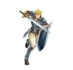  1boy armor attack blonde_hair brown_footwear fire_emblem fire_emblem:_the_blazing_blade fire_emblem_heroes harken_(fire_emblem) holding holding_shield holding_sword holding_weapon shield shin_guards shoulder_armor solo sword weapon 