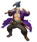  1boy axe bandana beard brown_footwear coat facial_hair fargus_(fire_emblem) fire_emblem fire_emblem:_the_blazing_blade fire_emblem_heroes highres holding holding_axe no_shirt non-web_source official_art old old_man purple_coat solo 
