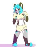  abhor_moon_(artist) andean_mountain_cat anthro blue_hair bottomwear clothing crop_top felid feline female gym_bottomwear gym_clothing gym_shorts hair humanoid leopardus mammal pastel_colors purple_eyes shirt shorts solo topwear yellow_clothing 