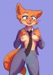  anthro bottomwear breasts business_suit canid canine clothed clothing clothing_lift diane_foxington dreamworks dress_shirt eyebrows female flashing flashing_breasts fox fur green_eyes hi_res mammal necktie nipple_piercing nipples open_mouth orange_body orange_fur pants phantomfuz piercing raised_eyebrow shirt shirt_lift simple_background smile solo suit the_bad_guys topless topwear 
