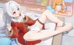  1girl barefoot clara_(honkai:_star_rail) feet full_body hair_between_eyes honkai:_star_rail honkai_(series) jacket knees_apart_feet_together legs long_hair long_sleeves open_mouth panties red_eyes red_jacket sacabambaspis simulated_footjob smile solo thigh_strap toenails toes underwear white_hair white_panties wood_cube 