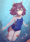  1girl alternate_costume animal_ears arms_at_sides barefoot blue_eyes breasts closed_mouth collarbone horse_ears horse_tail looking_at_viewer sakura_chiyono_o_(umamusume) school_swimsuit signature simple_background small_breasts smile solo swimsuit tail umamusume underwater white_background yaya_eshage 