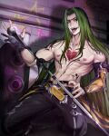  1boy abs arm_tattoo black_gloves black_pants chest_tattoo commentary fangs full_body gloves green_eyes green_hair heartsteel_kayn highres holding holding_microphone indoors kayn_(league_of_legends) league_of_legends long_hair looking_at_viewer male_focus microphone muscular muscular_male music nipples official_alternate_costume official_alternate_hairstyle pants parted_bangs partially_fingerless_gloves solo tattoo teeth tongue tongue_out topless_male wall zyrophin 