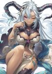  1girl breasts cleavage closed_mouth dark-skinned_female dark_skin detached_sleeves dragon_horns draph fang fang_out fediel_(granblue_fantasy) granblue_fantasy green_ribbon grey_hair hair_between_eyes highres horn_ornament horn_ribbon horns large_breasts lips long_hair looking_at_viewer navel one_eye_closed purple_eyes revealing_clothes ribbon sitting smile solo thighs very_long_hair yuiko_(yuiyuiko_108) 