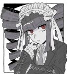  1girl absurdres blunt_bangs celestia_ludenberg claw_ring danganronpa:_trigger_happy_havoc danganronpa_(series) drill_hair frilled_jacket frills headdress highres jacket long_hair looking_at_viewer muro_(nrvc5252) necktie outside_border parted_lips red_eyes solo spot_color teeth twin_drills twintails upper_body 