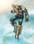  absurdres clenched_hand cloud english_commentary flying gobots highres jetstormsifuentes leader-1 machine_robo mecha no_humans original redesign robot science_fiction signature sun sunlight 