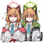  2girls anger_vein animal_ear_headphones animal_ears blonde_hair blue_archive blue_bow blue_necktie bow cat_tail collared_shirt emne fake_animal_ears fang green_eyes green_halo hair_bow halo headphones jacket looking_at_viewer midori_(blue_archive) momoi_(blue_archive) multiple_girls necktie open_mouth red_bow red_eyes red_halo shirt short_hair siblings simple_background sisters tail twins upper_body white_background white_jacket white_shirt 
