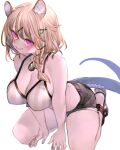  1girl animal_ear_fluff animal_ears arknights bare_shoulders bikini bikini_top_only black_shorts blonde_hair blush braid breasts cleavage closed_mouth hair_ornament hairclip highres jewelry kneeling kochiya_(gothope) large_breasts long_hair looking_at_viewer necklace pink_eyes sandals shorts simple_background smile solo striped striped_bikini swimsuit tail twin_braids utage_(arknights) utage_(summer_flowers)_(arknights) vertical-striped_bikini vertical_stripes white_background x_hair_ornament 
