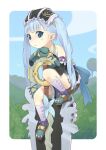  1girl argyle argyle_legwear bare_shoulders blue_eyes blue_hair border brown_shorts detached_sleeves furi green_footwear gretel_(otogi-jushi_akazukin) hairband huge_weapon long_hair otogi-juushi_akazukin shorts socks solo sword twintails weapon white_border white_socks 