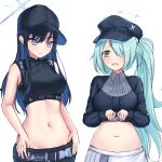  2girls absurdres aqua_hair bare_arms bare_shoulders baseball_cap belt black_headwear black_shirt blue_archive blue_eyes blue_hair blush breasts commentary_request crop_top crying crying_with_eyes_open hat highres hiyori_(blue_archive) long_hair long_sleeves medium_breasts midriff multiple_girls navel nia_(kztk7525) open_mouth parted_lips ponytail saori_(blue_archive) shirt simple_background sleeveless sleeveless_shirt stomach tears upper_body very_long_hair white_background 
