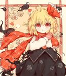  1girl ahoge black_skirt blonde_hair eating food gloves highres red_eyes red_ribbon ribbon ro.ro rumia scarf skirt solo sweet_potato touhou 