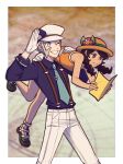  1boy 1girl alternate_color braid bright_pupils brown_hair carrying collared_shirt commentary emmet_(pokemon) flower gloves green_necktie grey_eyes grin hat hat_flower highres holding holding_map long_sleeves looking_down map necktie orange_shirt pants pokemon pokemon_(game) pokemon_bw pokemon_usum red_flower selene_(pokemon) shirt sleeveless sleeveless_shirt smile submashell suspenders teeth twin_braids white_gloves white_headwear white_pants 