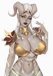  abs alien armor blizzard_entertainment breasts cleavage clothed clothing curled_horn curved_horn draenei female glowing glowing_eyes hi_res horn humanoid lightforged_draenei lips markings muscular muscular_female pale_skin skimpy skimpy_armor solo unconvincing_armor warcraft ykshelter 