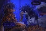  2023 anthro breasts dialogue digital_media_(artwork) duo enfield english_text felid female fur grey_body grey_fur hair hioshiru hioshiru_(character) leo_(amur_leo) male mammal pantherine speech_bubble spots spotted_body spotted_fur text 