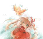  1girl animal bag bird blonde_hair blue_eyes bonnet bow bowtie dress drusilla from_above granblue_fantasy ham_(points) harvin long_sleeves looking_up open_mouth red_bow red_bowtie red_dress shoulder_bag twintails white_headwear 