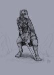  2023 anthro armor beagle canid canine canis cape clothing digital_media_(artwork) domestic_dog female fur hi_res hunting_dog king-owl male mammal melee_weapon monochrome scent_hound shaded signature simple_background solo solo_focus sword weapon 